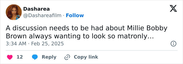 Tweet discussing Millie Bobby Brown's style choices for The Electric State film premiere.