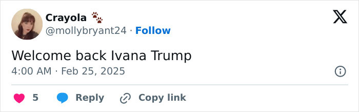Social media post by Crayola user about Ivana Trump on February 25, 2025, with likes and replies below.