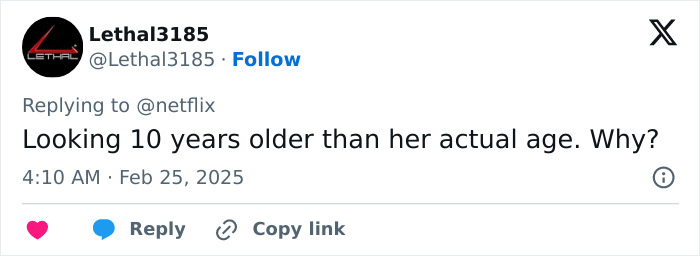 Tweet screenshot about looking older than actual age, by user Lethal3185.