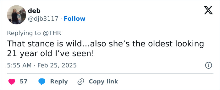 Screenshot of a tweet replying to @THR about Millie Bobby Brown, dated February 25, 2025. Screenshot of a tweet replying to @THR about Millie Bobby Brown, dated February 25, 2025.