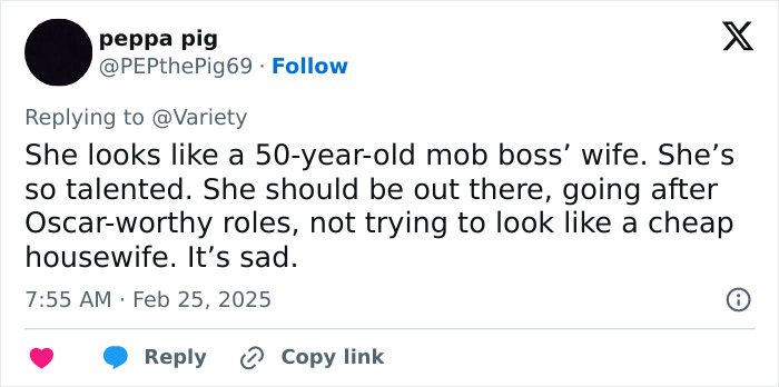 Tweet about Millie Bobby Brown's appearance at The Electric State film premiere, discussing her career choices.