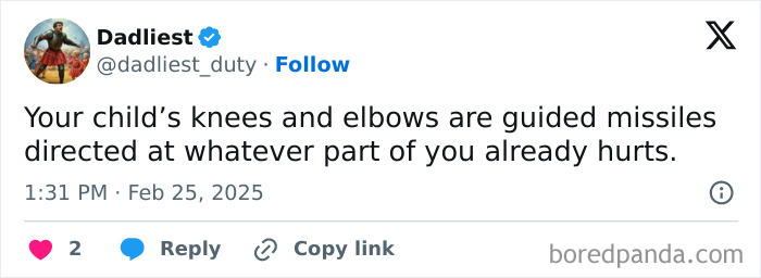 Tweet humor from a parent about kids' unpredictable movements; knees and elbows as "guided missiles" to sore spots.