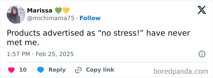 Tweet from a parent humorously commenting on the irony of "no stress" products.