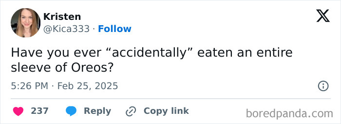 Tweet from a parent humorously asking about "accidentally" eating a sleeve of Oreos.