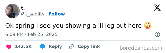 Tweet about spring humor with a playful comment, liked 143.5K times.