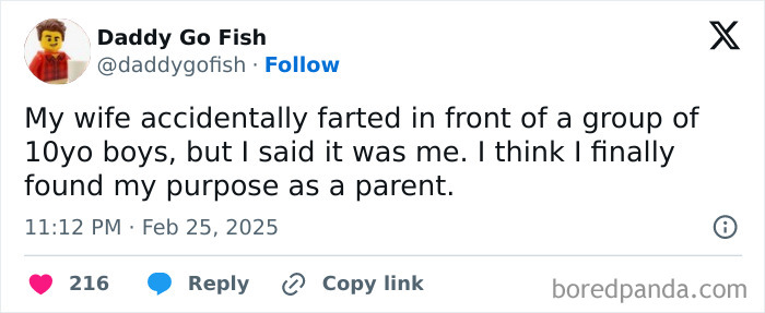 Tweet from a parent humorously sharing a story about taking blame for wife’s embarrassing moment.