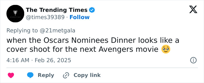 Tweet comments on Oscars Nominees Dinner fashion, likening it to an Avengers cover shoot.