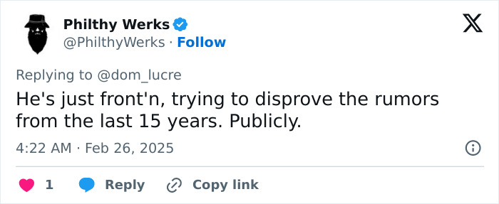 Tweet from Philthy Werks about public rumors lasting 15 years.