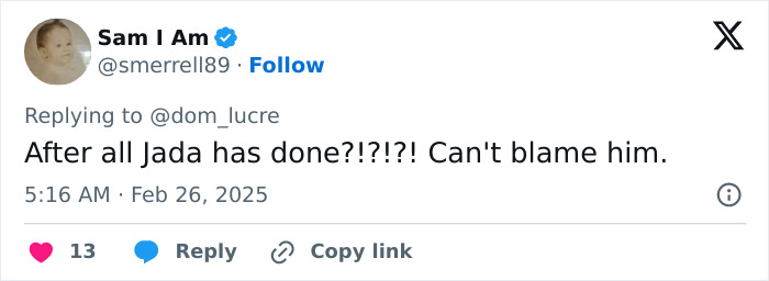 Tweet questioning Jada's actions in relation to a controversial onstage act.