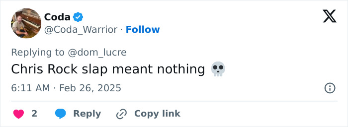 Tweet criticizing Will Smith, referencing Chris Rock slap with skull emoji reaction.