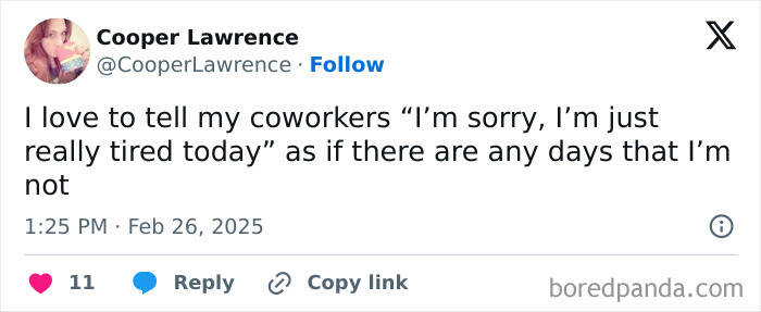 Tweet from a parent humorously expressing constant tiredness, part of unhinged tweets collection about parenting.