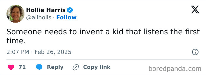 Tweet by a parent humorously suggesting the invention of a kid who listens the first time.