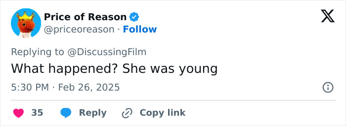 A tweet reacting to the news of 'Buffy The Vampire Slayer' star Michelle Trachtenberg's passing, expressing shock at her young age.