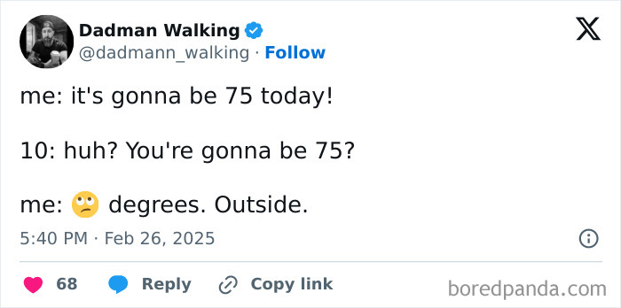 Parent tweet with a funny misunderstanding about weather and age.