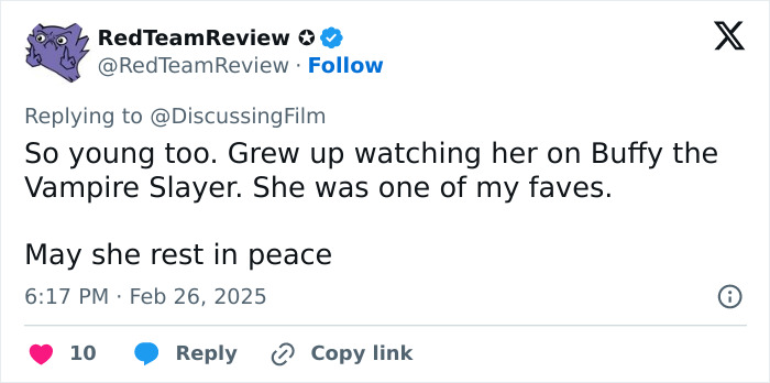 Tweet expressing condolences for Michelle Trachtenberg from Buffy The Vampire Slayer.