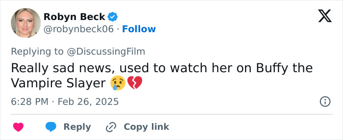 Tweet expressing sadness over Michelle Trachtenberg from "Buffy The Vampire Slayer" with crying and broken heart emojis.