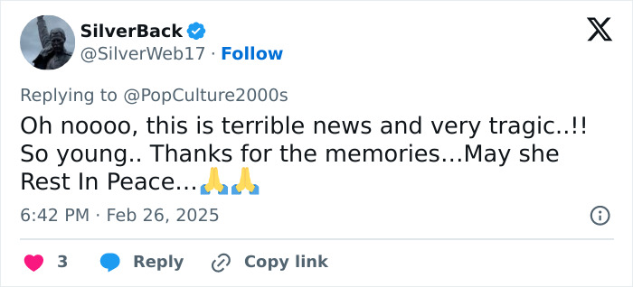 Social media post reacting to Michelle Trachtenberg's tragic passing, expressing shock and remembrance. Social media post reacting to Michelle Trachtenberg's tragic passing, expressing shock and remembrance.