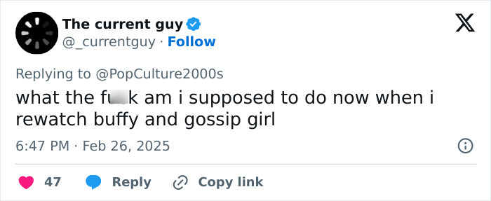 Tweet about Michelle Trachtenberg and rewatching Buffy and Gossip Girl. Tweet about Michelle Trachtenberg and rewatching Buffy and Gossip Girl.