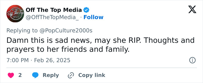 Tweet reacting to sad news about Michelle Trachtenberg, expressing thoughts and prayers for her friends and family. Tweet reacting to sad news about Michelle Trachtenberg, expressing thoughts and prayers for her friends and family.