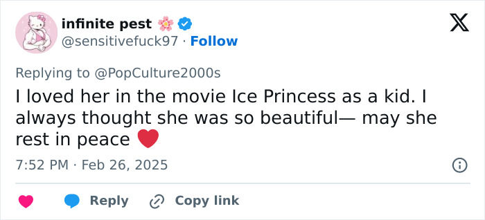 Tweet expressing admiration for Michelle Trachtenberg and mourning her passing, mentioning her role in "Ice Princess. Tweet expressing admiration for Michelle Trachtenberg and mourning her passing, mentioning her role in "Ice Princess.