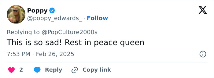 Tweet expressing sadness over the passing of Michelle Trachtenberg, with a message of rest in peace. Tweet expressing sadness over the passing of Michelle Trachtenberg, with a message of rest in peace.