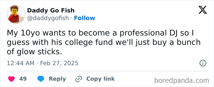 Parent jokes about using college fund for child's DJ dream, highlighting humor in parenting tweets.