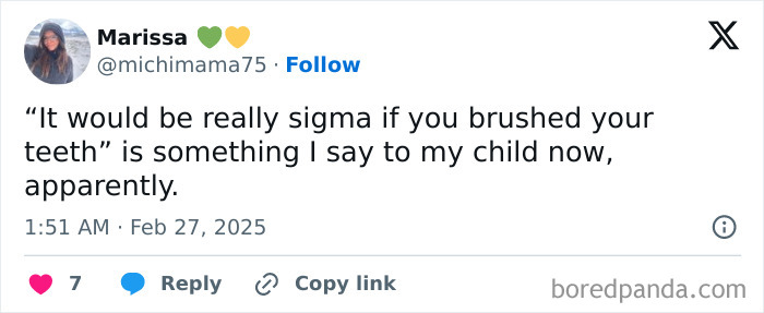 Tweet from a parent humorously telling their child it's "really sigma" to brush their teeth.