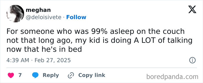 Tweet from a parent humorously noting their child's sudden energy at bedtime.