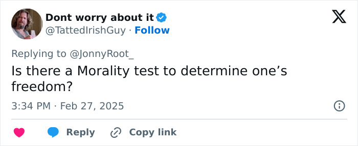 Twitter user questioning morality test and freedom in response to a tweet about criminal deportation.