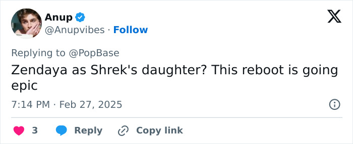 Tweet about Shrek 5 teaser mentioning Zendaya as Shrek's daughter in a reboot scenario.