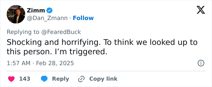 Tweet expressing shock and horror, discussing concerns about a known person.