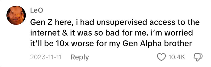 Comment discussing dangers of unsupervised internet access for &ldquo;iPad Kids&rdquo; generation, expressing concern for Gen Alpha.