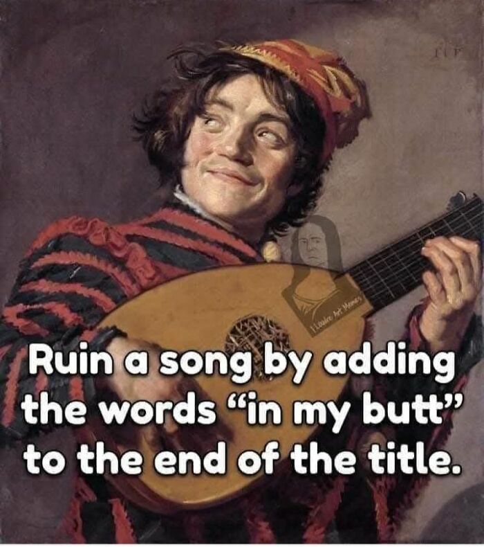 Classical painting meme of a man with a lute, humorous text about altering song titles.