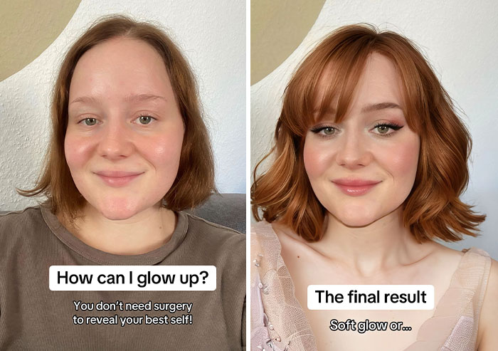 Digital makeover transformation showcasing a before-and-after glow-up by a content creator.
