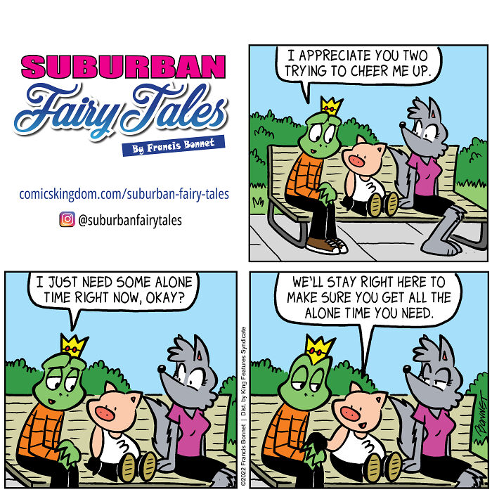 Comic strip showing a pig and friends on a bench depicting relationship disasters from a pig's perspective.