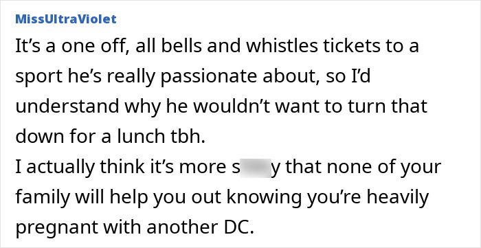 Text from user discussing sports and lack of family support for pregnant wife managing a 14-month-old.