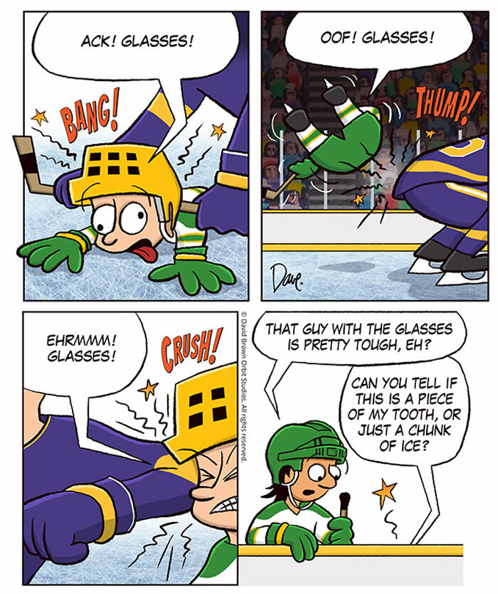 Comic strip featuring Planey Joey in a hockey game, dealing with glasses issues and humorous exchanges.