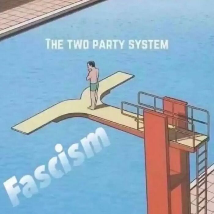 A person on a diving board labeled "The Two Party System" over water labeled "Fascism," referencing anti-capitalism themes.