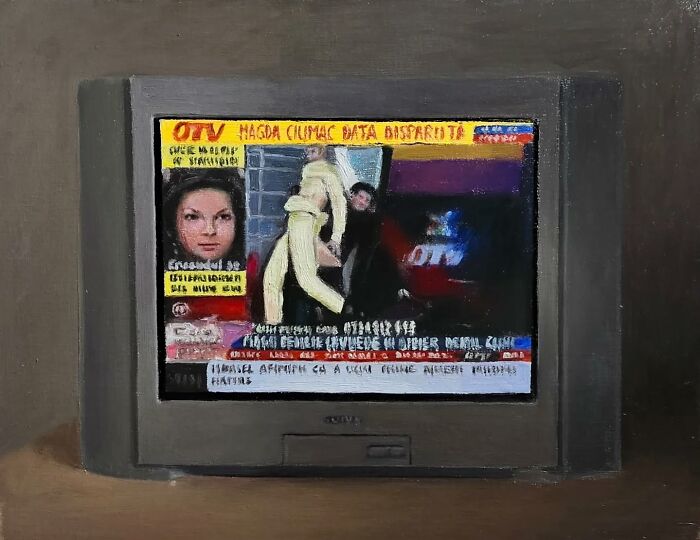 Oil painting of a TV showing Eastern European news with two people and text; captures collective nostalgia.