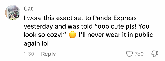 Comment discussing being told an outfit is inappropriate for public, mentioning cute pajamas as casual attire. Comment discussing being told an outfit is inappropriate for public, mentioning cute pajamas as casual attire.