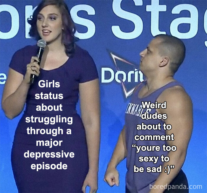 Woman holding a mic with text about depression and man with text about odd comments, capturing mental health meme humor.