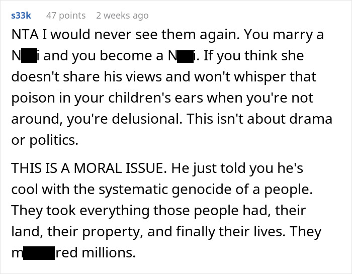 Screenshot of a Reddit comment discussing offensive topics, highlighting moral issues and genocide. Screenshot of a Reddit comment discussing offensive topics, highlighting moral issues and genocide.
