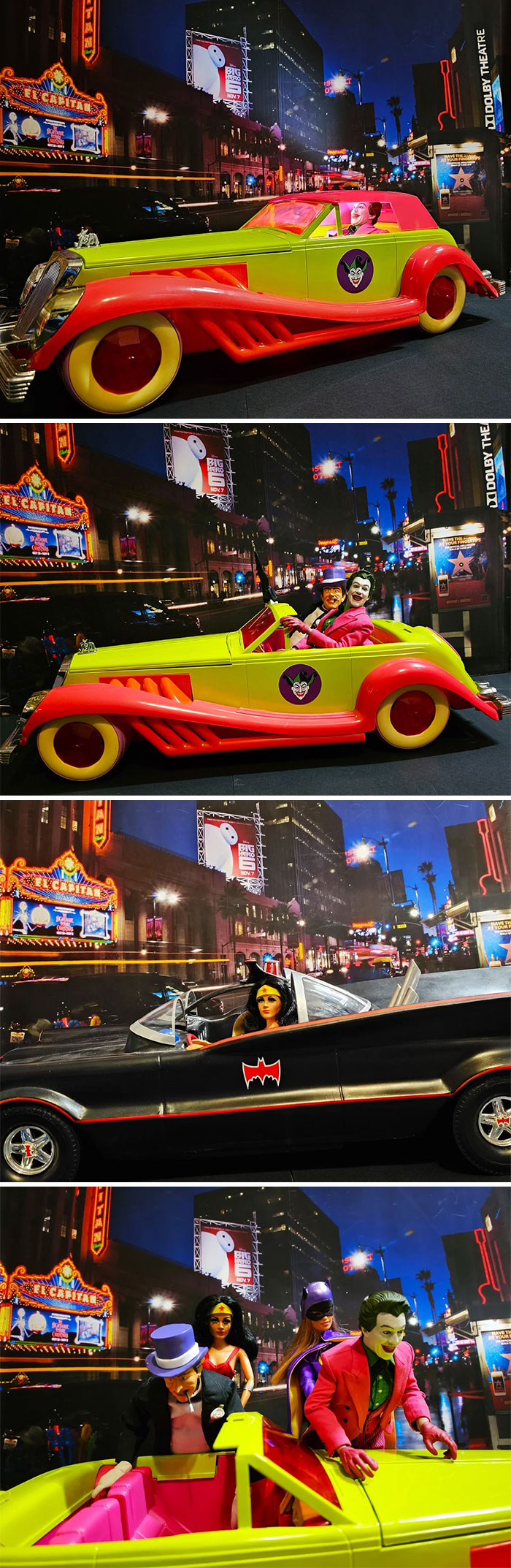 Vintage toys displayed in a colorful cityscape setting featuring classic cars and characters.