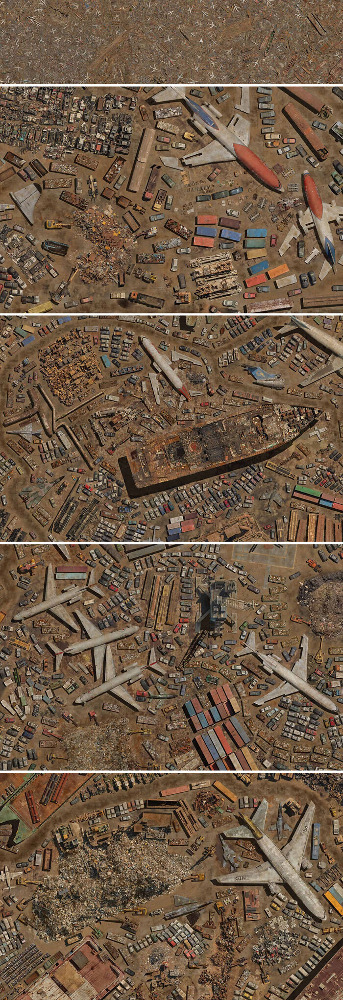 Aerial photo by Cássio Vasconcellos capturing an immense scale of planes, cars, and debris from above.