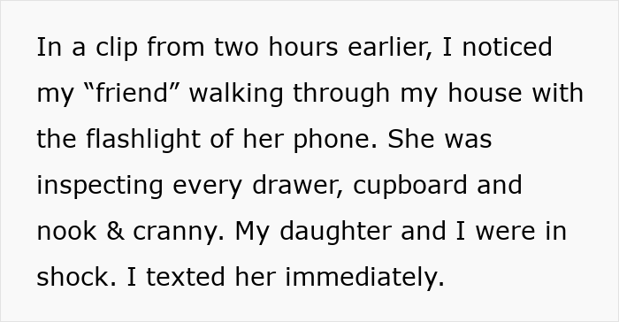 Text on a screen describing a woman using a phone flashlight to inspect a friend&rsquo;s house while she is away.