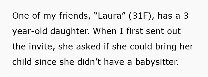 Text discussing a friend's request to bring her child to a child-free birthday dinner.