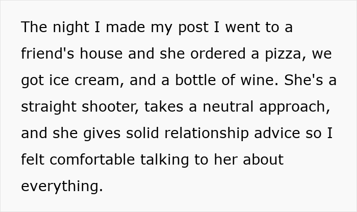 Text about seeking relationship advice over pizza and wine with a friend.