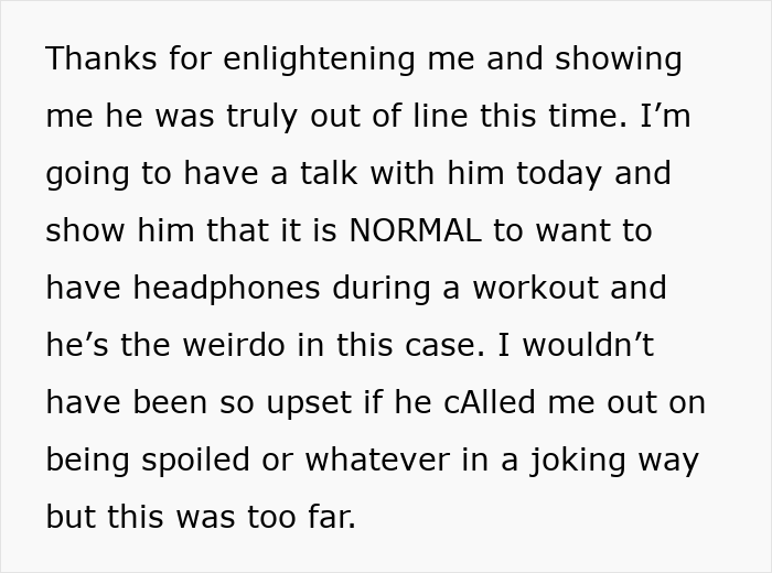 Text exchange about using headphones in gym, discussing husband's reaction and normalizing workout preferences.