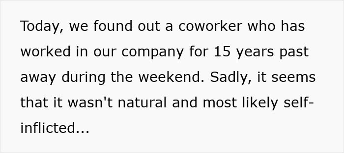 Email notification about a coworker's unexpected death and its impact on the job environment. Email notification about a coworker's unexpected death and its impact on the job environment.