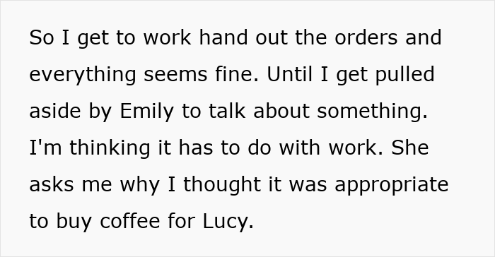 Text from a story about a woman buying coffee for a pregnant coworker, sparking a workplace conflict.